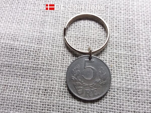 Denmark 1942 coin keychain with 82 year old Crown C initial 5 ore as coin pendant. 82nd birthday gift. Antique Danish vintage souvenir gift