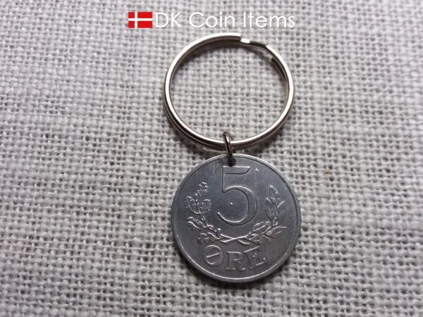 Denmark 1943 coin keychain with 81 year old Crown C initial 5 ore as coin pendant. 81st birthday gift. Antique Danish vintage souvenir gift