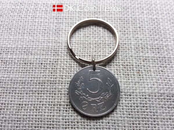 Denmark 1944 coin keychain with 80 year old Crown C initial 5 ore as coin pendant. 80th birthday gift. Antique Danish vintage souvenir gift