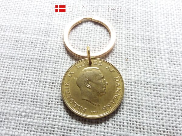 Denmark 1958 coin keychain with 66 year old golden Crown Coat of Arms 2 kroner as coin pendant. 66th birthday gift. Danish vintage souvenir