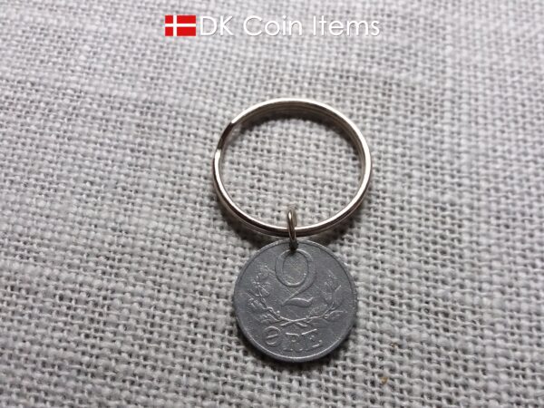 Denmark 1942 coin keychain with 82 year old Crown C initial 2 ore as coin pendant. 82nd birthday gift. Antique Danish vintage souvenir gift