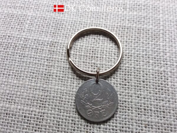 Denmark 1943 coin keychain with 81 year old Crown C initial 2 ore as coin pendant. 81st birthday gift. Antique Danish vintage souvenir gift