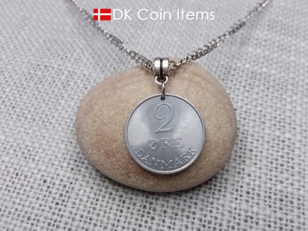 1971 coin necklace with 54 year old Crown R initial 2 ore from Denmark as coin pendant. 53rd birthday gift. Danish vintage souvenir