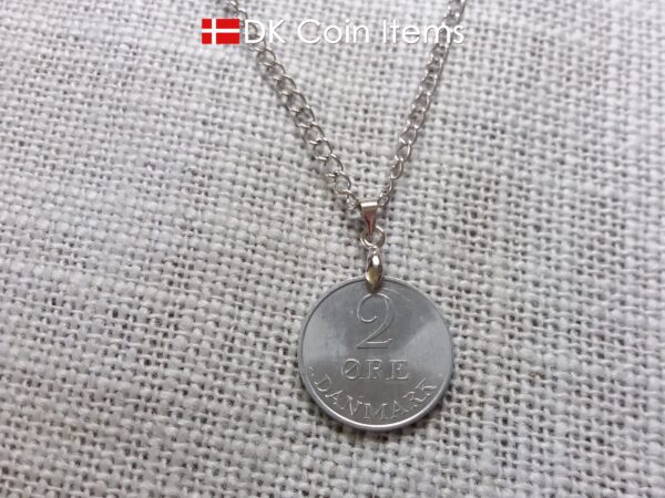 1971 Crown R coin pendant necklace with 53 year old 2 ore from Denmark. 53rd birthday gift. 2nd anniversary gift. Danish vintage souvenir