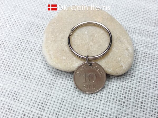 Denmark 1949 coin keychain with 75 year old Crown R initial 10 ore as coin pendant. 75th birthday gift. Danish vintage souvenir