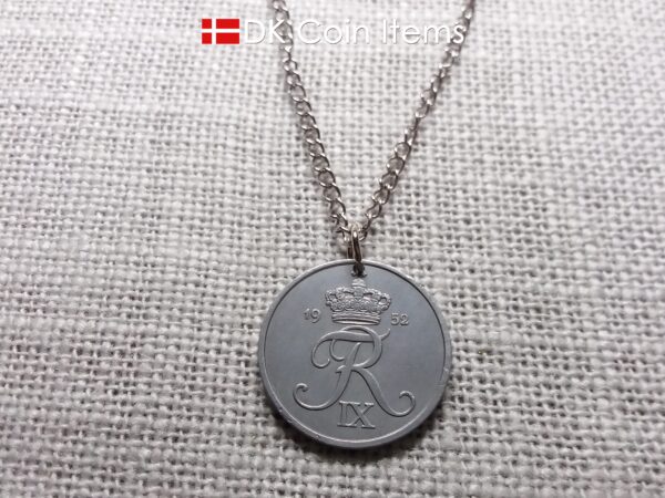 Denmark 1952 Crown R initial coin necklace with 72 year old 5 ore as coin pendant. Unique 72nd birthday gift or Danish vintage souvenir