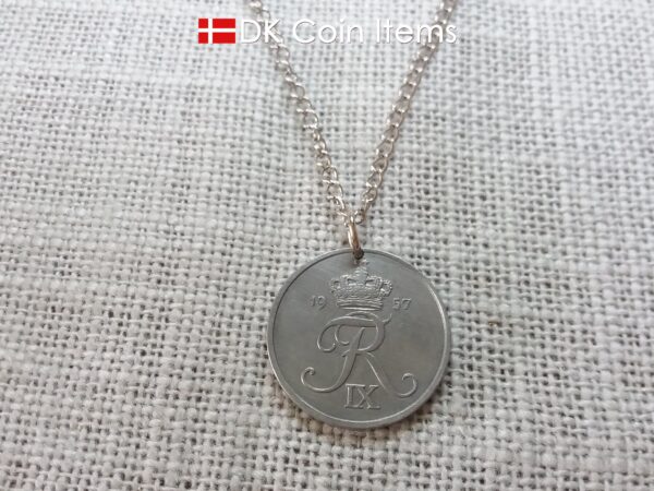 Denmark 1957 Crown R initial coin necklace with 67 year old 5 ore as coin pendant. Unique 67th birthday gift or Danish vintage souvenir