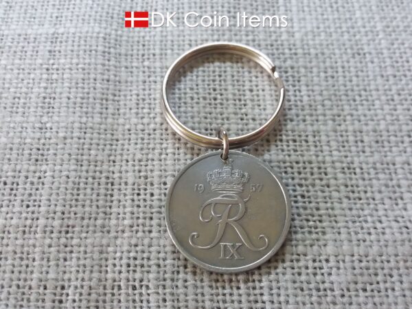 Denmark 1957 Crown R initial coin keychain with 67 year old 5 ore as coin pendant. Unique 67th birthday gift or Danish vintage souvenir