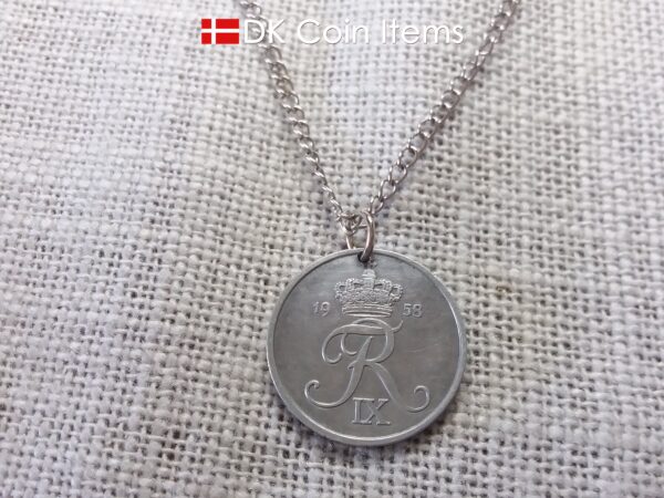 Denmark 1958 Crown R initial coin necklace with 66 year old 5 ore as coin pendant. Unique 66th birthday gift or Danish vintage souvenir