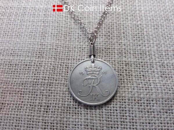 Denmark 1959 Crown R initial coin pendant necklace with 65 year old 5 ore. Unique 65th birthday, 5th anniversary or Danish souvenir gift