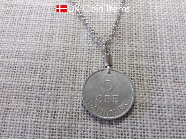 Denmark 1960 Crown R initial coin pendant necklace with 64 year old 5 ore. Unique 64th birthday, 5th anniversary or Danish souvenir gift