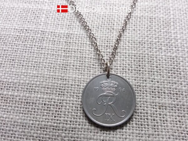 Denmark 1964 Crown R initial coin necklace with 60 year old 5 ore as coin pendant. Unique 60th birthday gift or Danish vintage souvenir