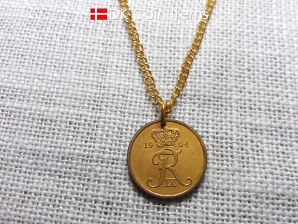 Denmark 1964 coin pendant necklace with Crown R initial. 60 year old 5 ore. 60th birthday gift or Danish vintage souvenir