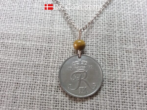 Denmark Crown R 1963 coin necklace with 61 year old 5 ore as coin pendant on greenish tree bead