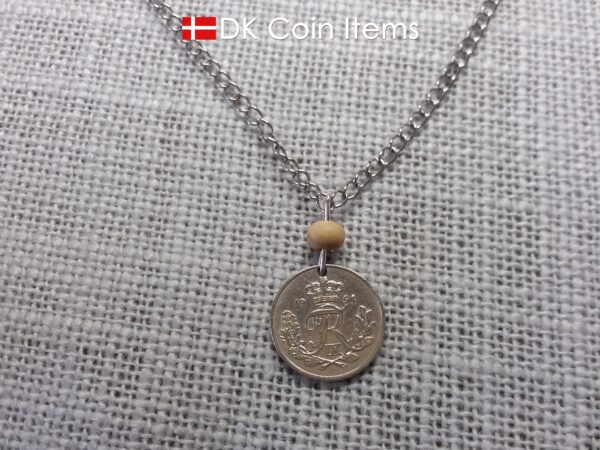 Denmark Crown R 1954 coin necklace with 70 year old 10 ore as coin pendant on wire with tree bead