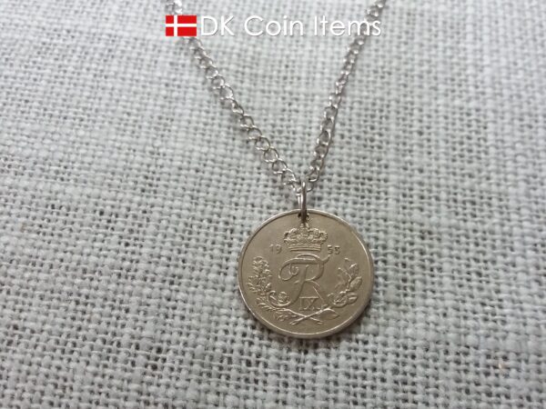 Danish coin pendant necklace with a 1953 Crown R-initial 25 øre. 71st birthday gift. Danish vintage souvenir