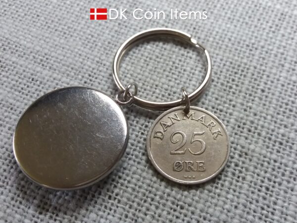 Denmark 1953 coin keychain with 71 year old Crown R-initial 25 ore coin and Stone Age Dolmen painting pendant. Danish vintage souvenir gift