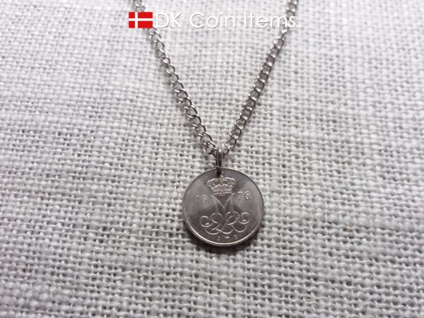 Denmark 1976 coin pendant necklace with 48 year old Crown M initial 10 ore. 48th birthday gift. Danish vintage souvenir