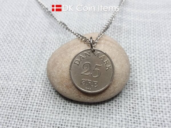 Danish coin pendant necklace with a 1956 Crown R-initial 25 ore. 68th birthday gift. Danish vintage souvenir