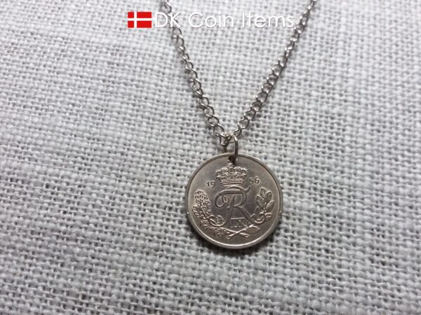 Danish coin pendant necklace with a 1956 Crown R-initial 25 ore. 68th birthday gift. Danish vintage souvenir