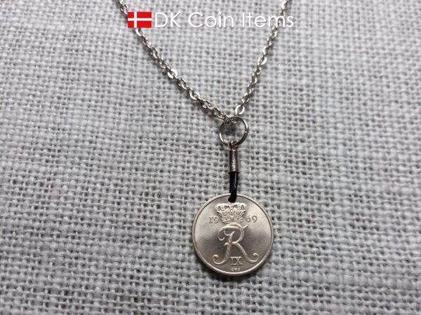 Denmark 1969 coin necklace. 55 year old Crown R initial 10 ore as coin pendant. 55th birthday gift. Danish vintage souvenir