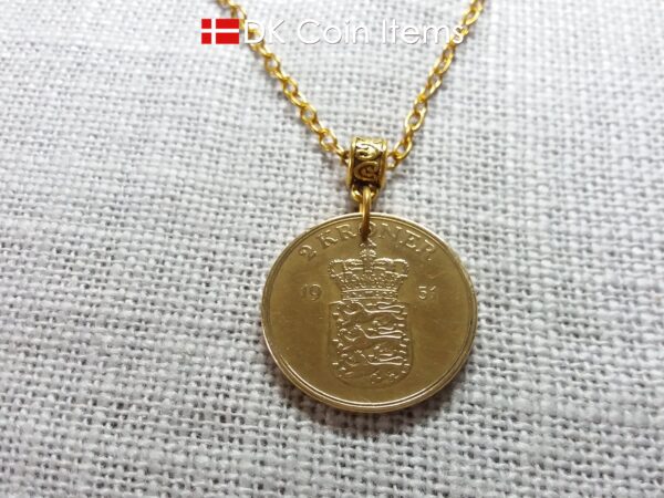 Denmark 1951 coin necklace with 73 year old golden Crown Coat of Arms 2 kroner as coin pendant. 73rd birthday gift. Danish vintage souvenir