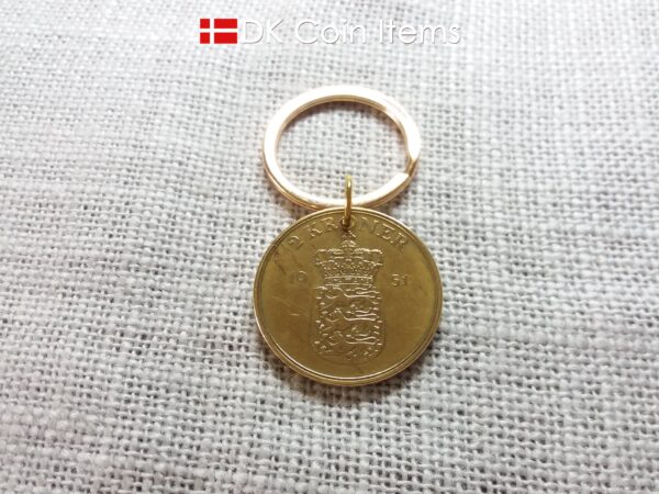 Denmark 1951 coin keychain with 73 year old golden Crown Coat of Arms 2 kroner as coin pendant. 73rd birthday gift. Danish vintage souvenir