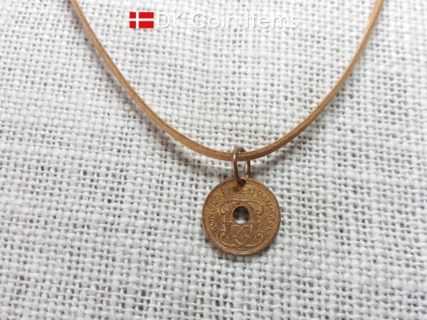 Denmark 1939 Crown C-initial coin pendant necklace with 85 year old copper 1 ore. 85th birthday gift. Antique Danish vintage souvenir gift