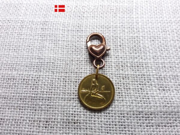 Denmark Little Mermaid charm - Copenhagen vintage 1960s fare token - The Little Mermaid statue - Danish fairy tale souvenir with heart clip