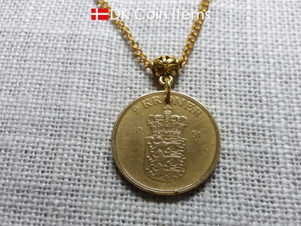 Denmark 1951 Crown Coat of Arms coin necklace with 73 year old golden 2 kroner as coin pendant. 73rd birthday gift. Danish vintage souvenir