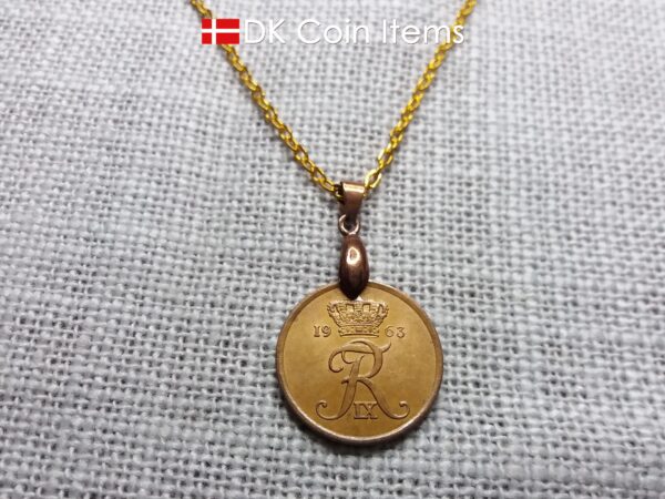 Denmark 1963 coin necklace with 61 year old Crown R initial 5 ore as coin pendant. 61st birthday gift. Danish vintage souvenir