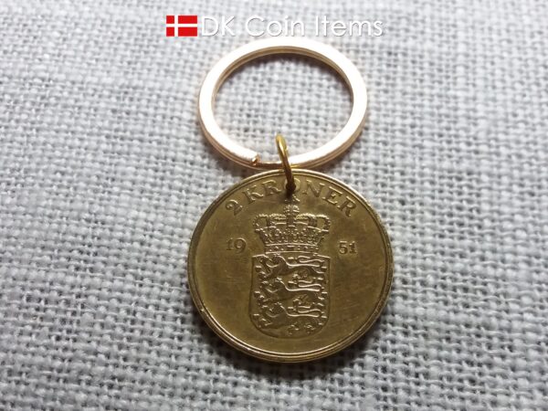 Denmark 1951 Crown Coat of Arms coin keychain with 73 year old golden 2 kroner as coin pendant. 73rd birthday gift. Danish vintage souvenir