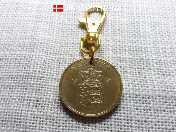 Denmark 1951 Crown Coat of Arms coin charm with 73 year old golden 2 kroner as coin pendant. 73rd birthday gift. Danish vintage souvenir