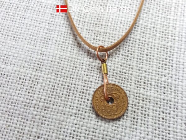 Denmark 1940 Crown C-initial coin necklace with 85 year old copper 1 ore as pendant. 84th birthday gift. Danish vintage souvenir gift