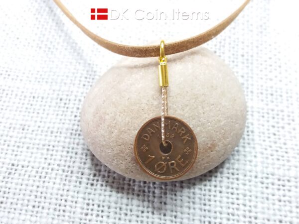 Denmark 1932 Crown C-initial coin necklace with 92 year old copper 1 ore as pendant. 92nd birthday gift. Danish vintage souvenir gift