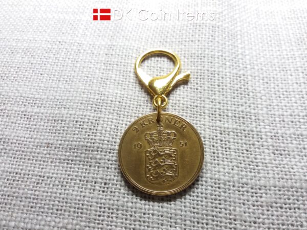 Denmark 1951 coin charm with 73 year old golden Crown Coat of Arms 2 kroner as coin pendant. 73rd birthday gift. Danish vintage souvenir