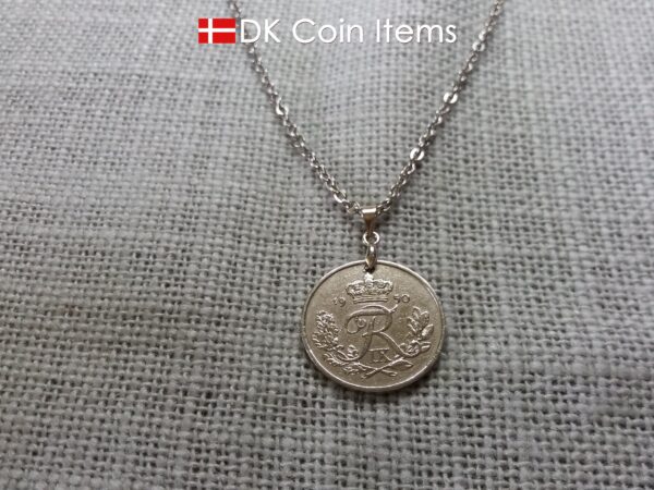 Denmark R-initial 1950 coin necklace with 74 year old 25 ore as coin pendant on pinch bail with snap lock. Cord/Chain options