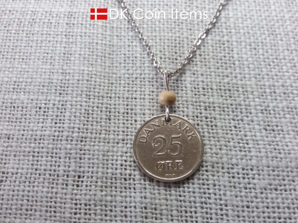 Denmark R-initial 1950 coin necklace with 74 year old 25 ore as coin pendant on wire with tree bead. Cord/Chain options