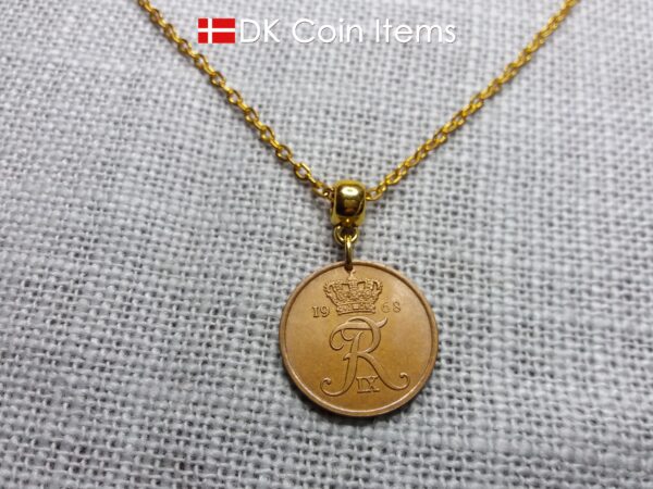 Denmark 1968 coin necklace with 56 year old Crown R initial 5 ore as coin pendant. 56th birthday gift. Danish vintage souvenir