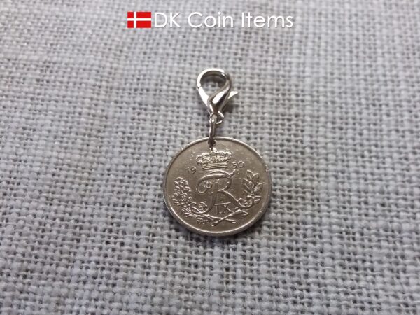 Denmark R-initial 1950 coin charm with 74 year old 25 ore as coin pendant on 18mm lobster claw clasp