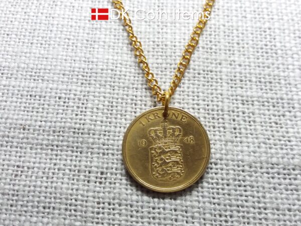 Denmark 1948 coin necklace with golden 76 year old Coat of Arms 1 krone as coin pendant. Cord/Chain options