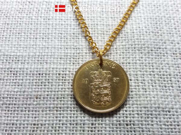 Denmark 1957 coin necklace with golden 67 year old Coat of Arms 1 krone as coin pendant. Cord/Chain options