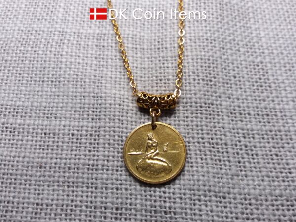 Denmark Mermaid necklace. The Danish Little Mermaid statue on Copenhagen vintage fare token. Chain included