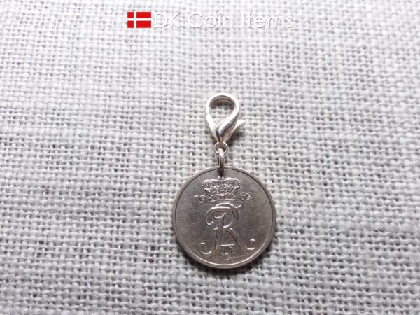 Denmark 1962 R-initial coin charm with 62 year old 25 ore as coin pendant on 18mm lobster claw clasp