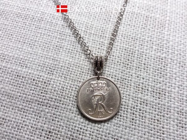 Denmark 1961 coin necklace with 63 year old Crown R initial 25 ore as coin pendant. 63rd birthday gift. Danish vintage souvenir