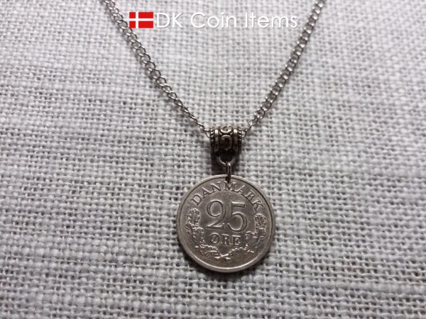 Denmark 1961 coin necklace. 63 year old Crown R initial 25 ore as coin pendant. 63rd birthday gift. Danish vintage souvenir