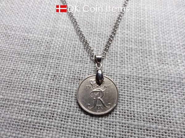 Denmark 1961 coin pendant necklace with 63 year old Crown R initial 25 ore. 63rd birthday gift. Danish vintage souvenir