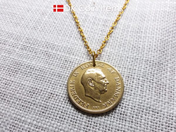 Denmark 1951 coin necklace with 73 year old golden Coat of Arms coin pendant with Royal Crown 2 krone. 73rd birthday gift. Vintage souvenir