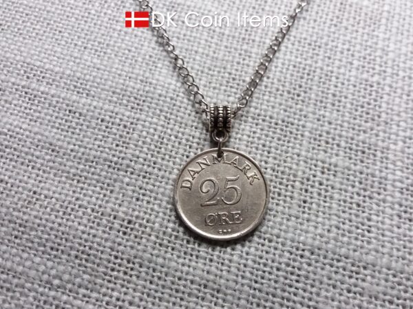 Denmark 1958 coin pendant necklace with 66 year old Crown R initial 25 ore as coin pendant. 66th birthday gift. Danish vintage souvenir