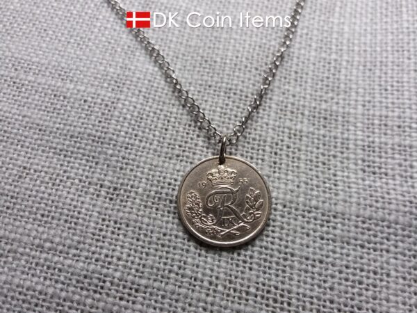 Denmark 1955 coin pendant necklace with 69 year old Crown R initial 25 ore as coin pendant. 69th birthday gift. Danish vintage souvenir